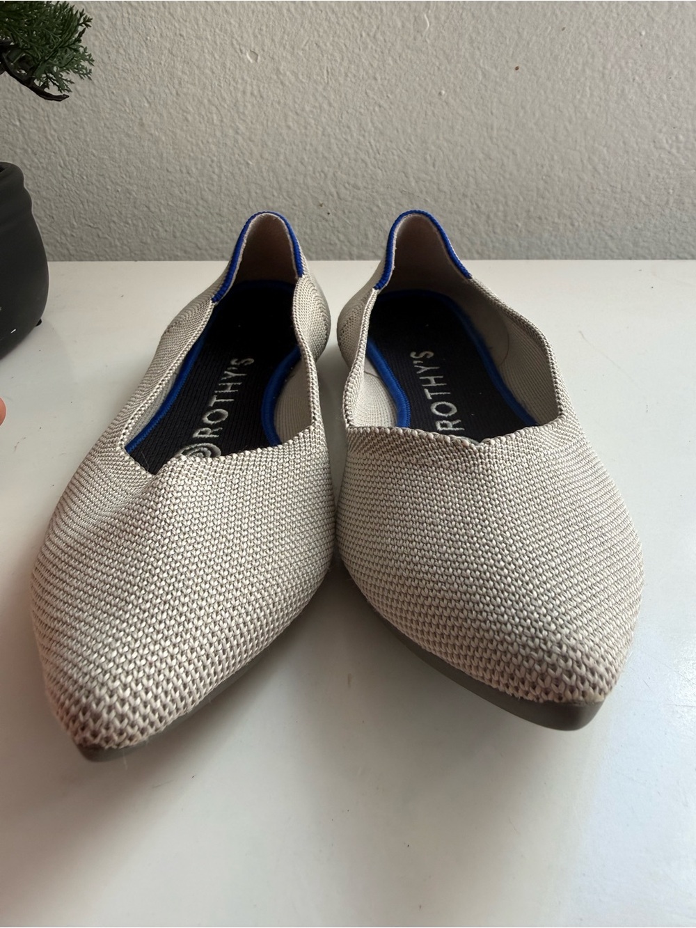 Rothy's the Point size 6.5 Knit Flats in Light Beige with Blue Trim - Picture 3 of 8